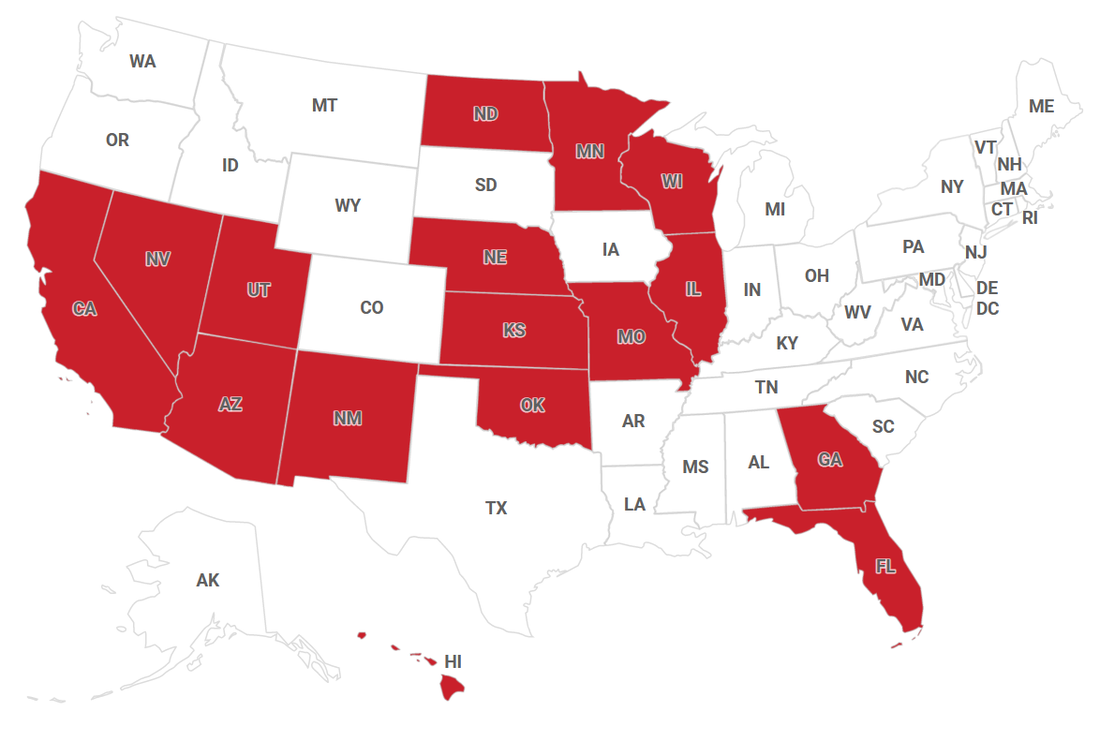 A picture of the US showing states where On-Site Solutions has physical therapists